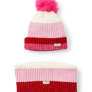 NWT Vince Camuto Pink Stripe Pom-Pom Beanie & Cowl - 2 piece set